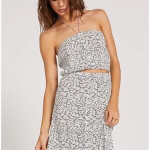 VOLCOM Bae Bae Doll Tube Top Cropped Drawcord Halter Floral Black White Size S